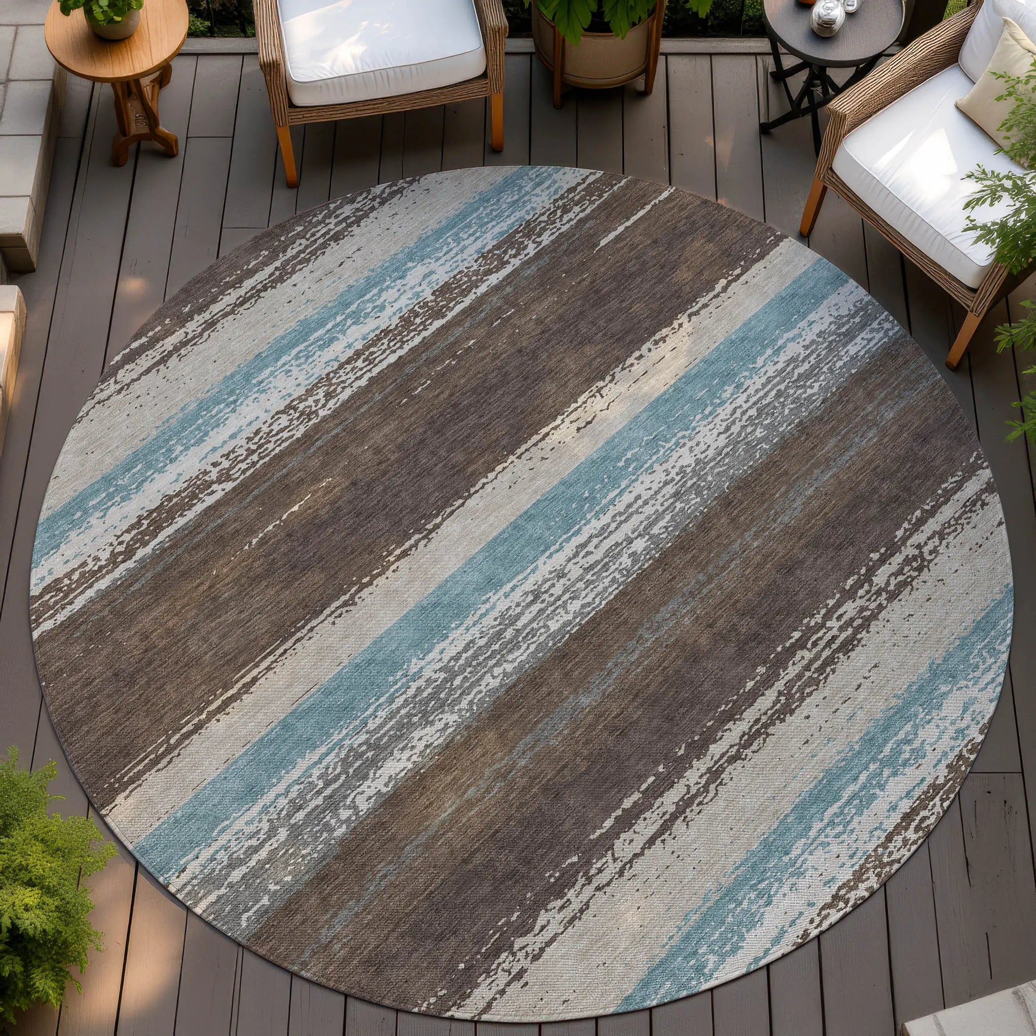8' Brown And Beige Round Striped Washable Indoor Outdoor Area Rug Homeroots Outdoor