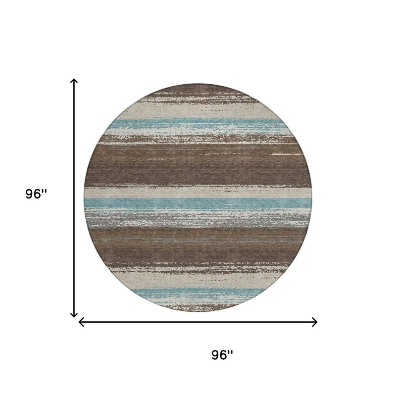8' Brown And Beige Round Striped Washable Indoor Outdoor Area Rug Homeroots Outdoor