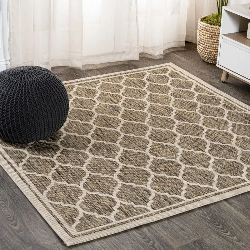 8' Brown And Beige Square Geometric Indoor Outdoor Area Rug - GreatEagleInc
