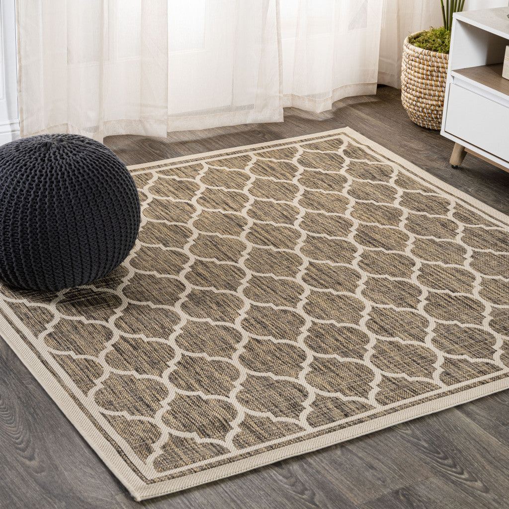 8' Brown And Beige Square Geometric Indoor Outdoor Area Rug - GreatEagleInc
