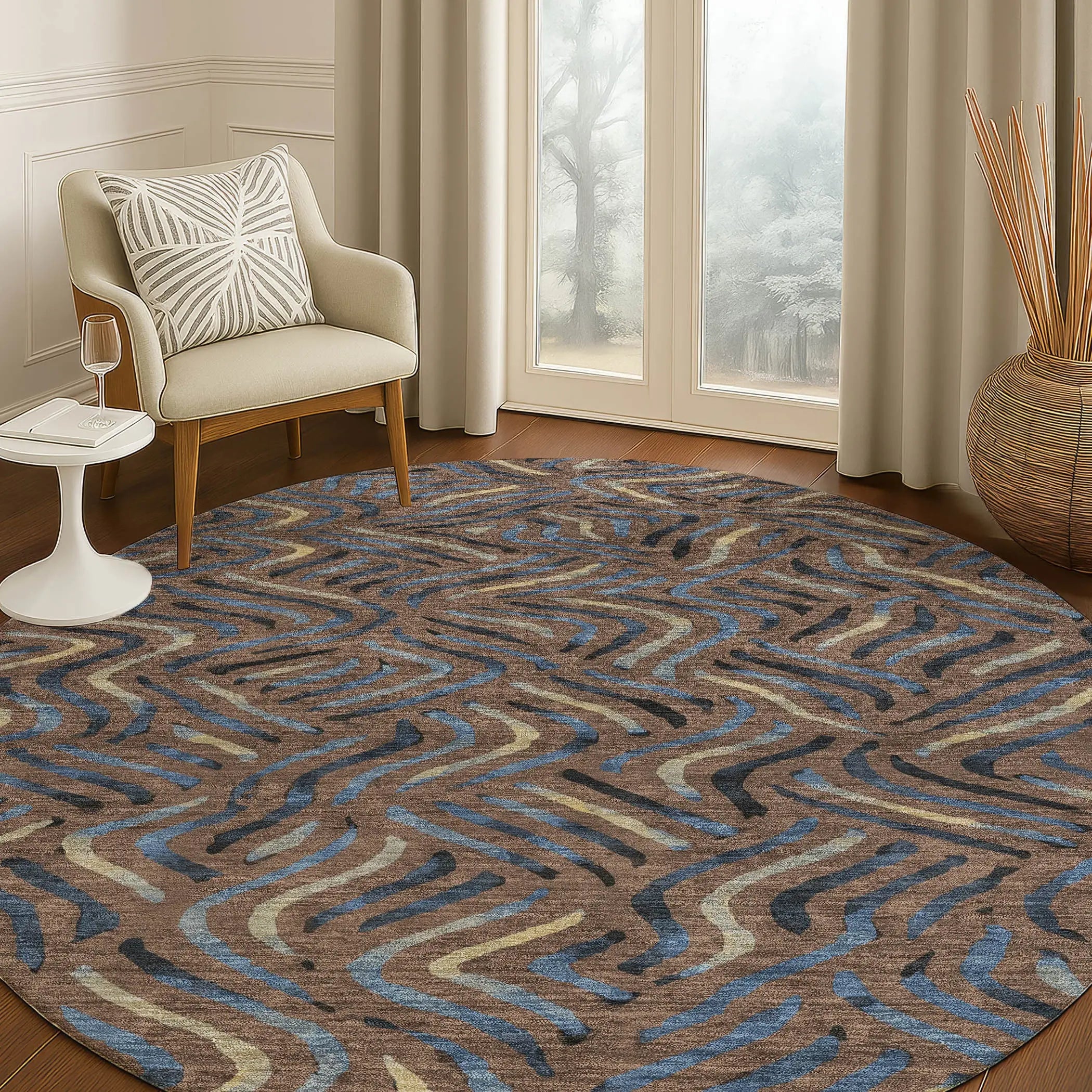 8' Brown And Black Round Abstract Washable Indoor Outdoor Area Rug Homeroots Outdoor