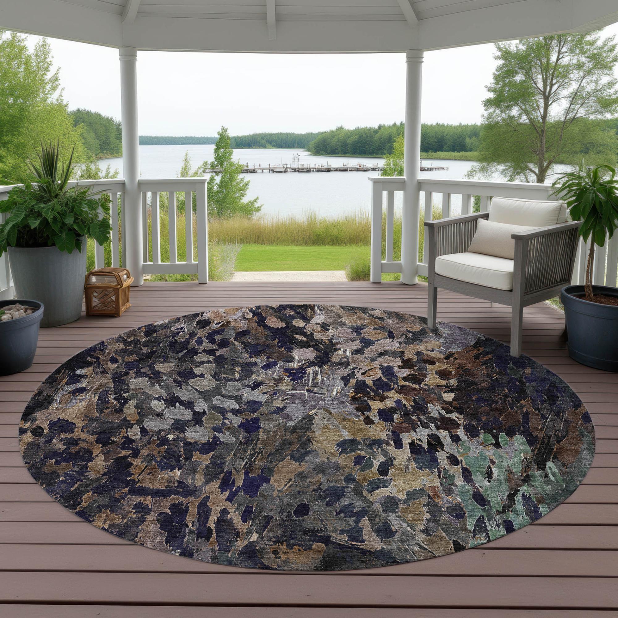 8' Brown And Black Round Abstract Washable Indoor Outdoor Area Rug Homeroots Outdoor