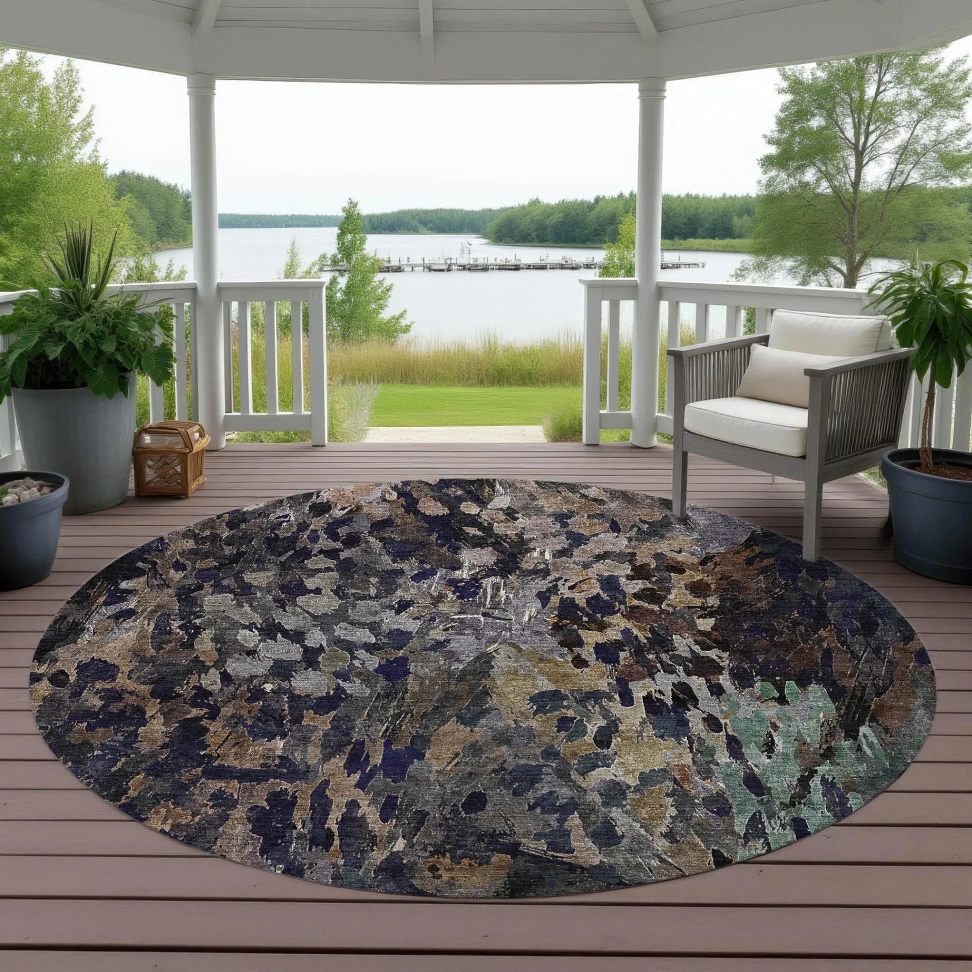 8' Brown And Black Round Abstract Washable Indoor Outdoor Area Rug Homeroots Outdoor