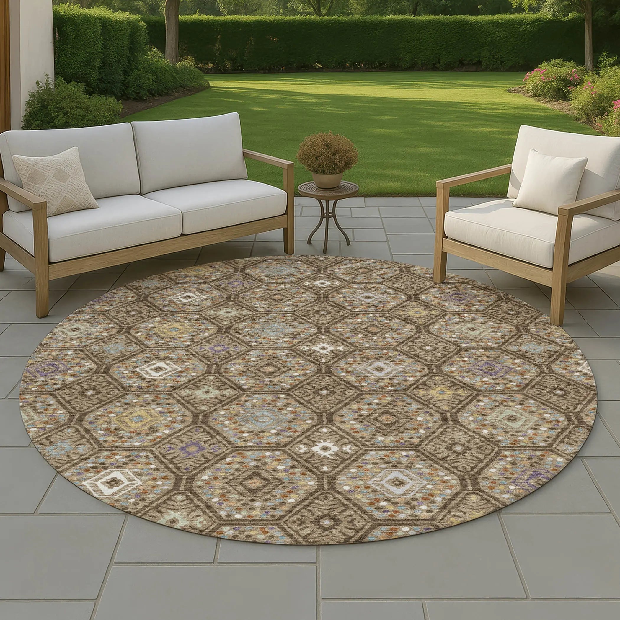 8' Brown And Chocolate Round Geometric Washable Indoor Outdoor Area Rug Homeroots Outdoor