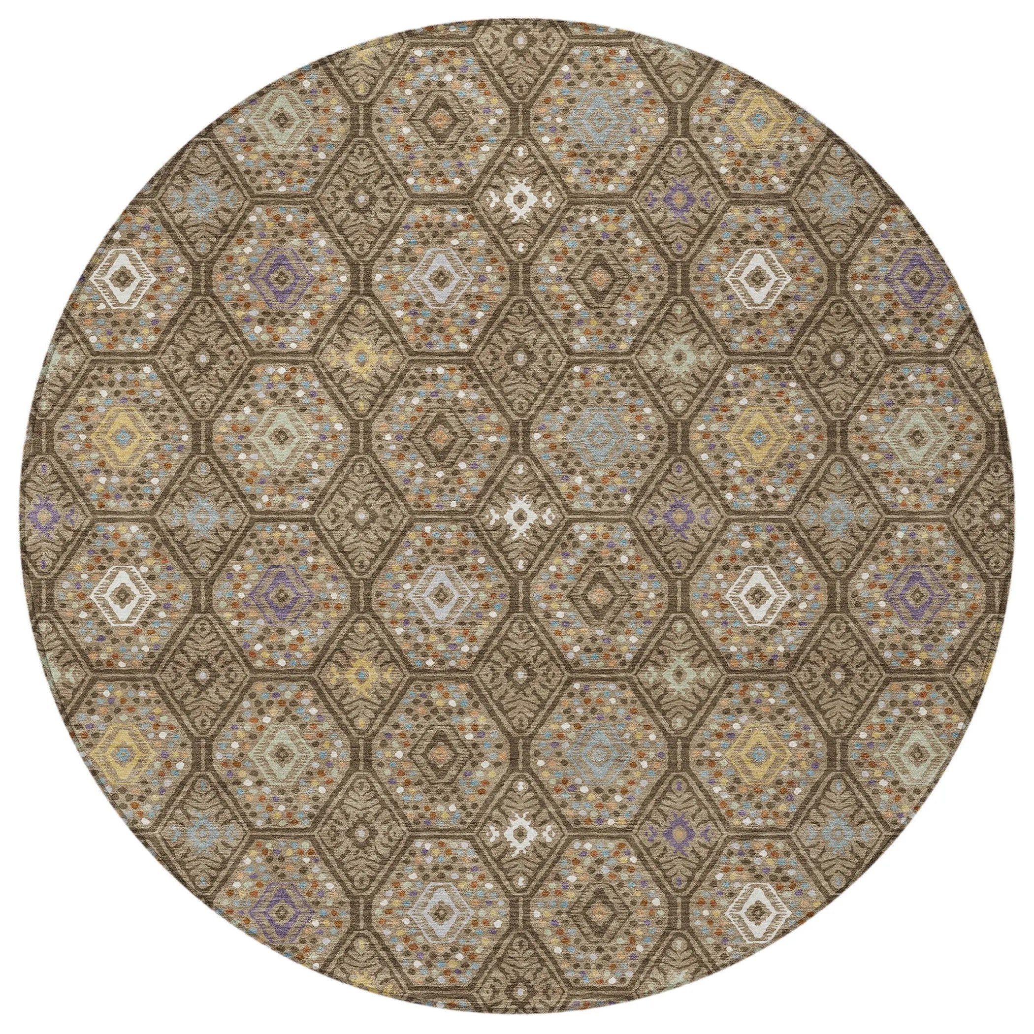 8' Brown And Chocolate Round Geometric Washable Indoor Outdoor Area Rug Homeroots Outdoor