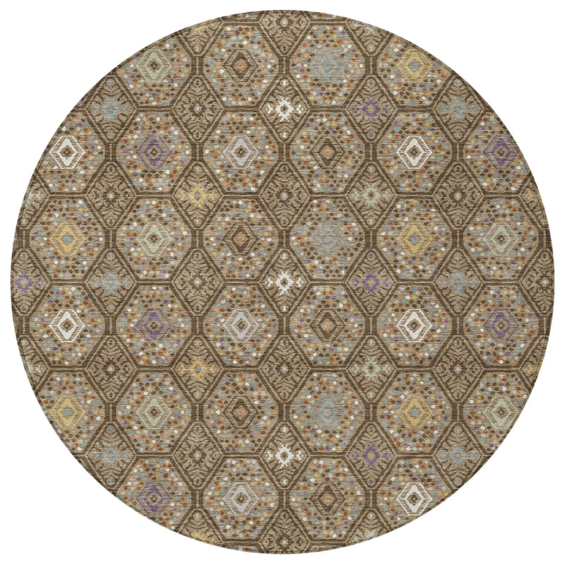 8' Brown And Chocolate Round Geometric Washable Indoor Outdoor Area Rug Homeroots Outdoor