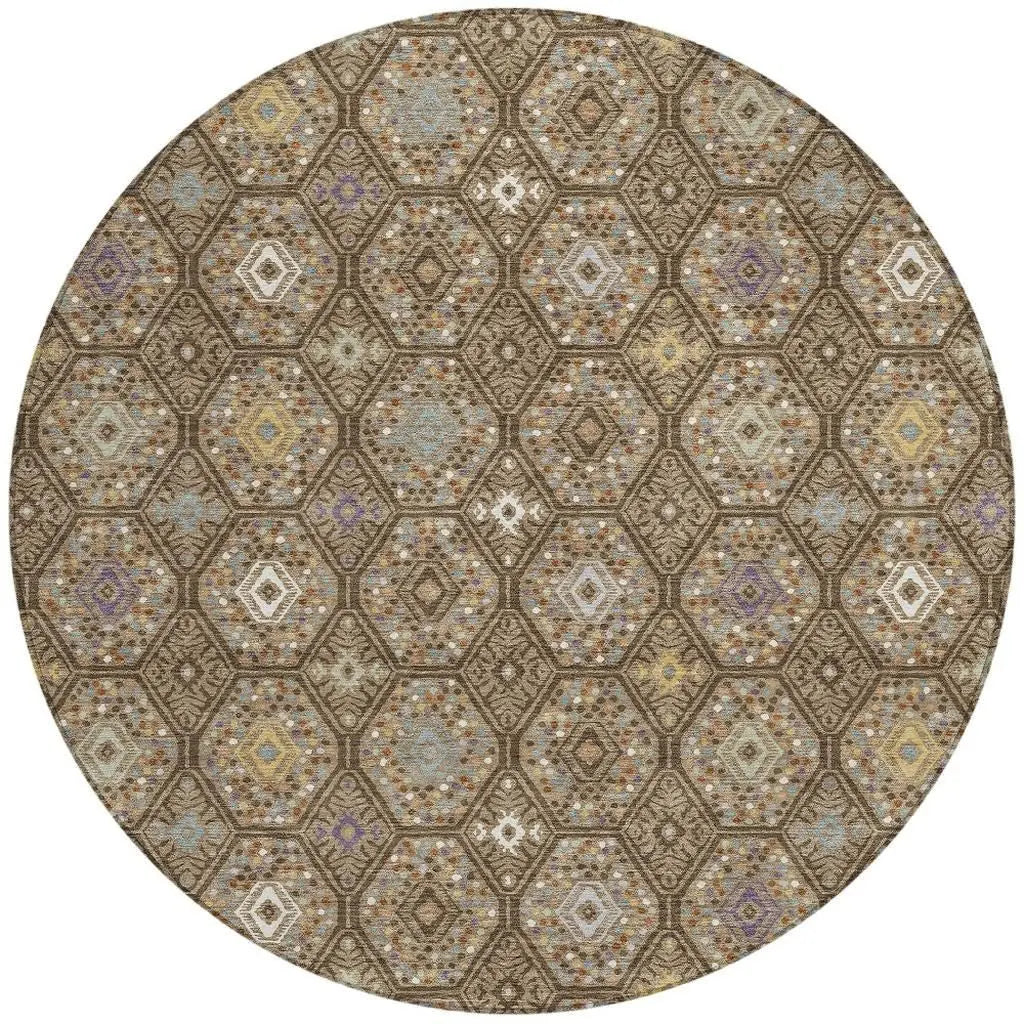 8' Brown And Chocolate Round Geometric Washable Indoor Outdoor Area Rug Homeroots Outdoor