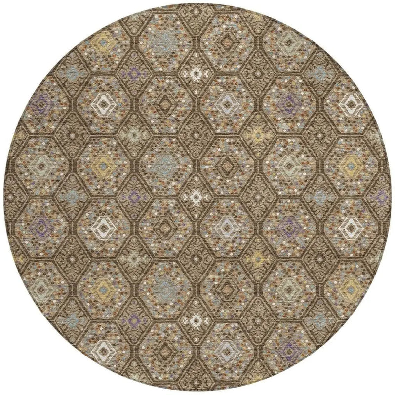 8' Brown And Chocolate Round Geometric Washable Indoor Outdoor Area Rug Homeroots Outdoor