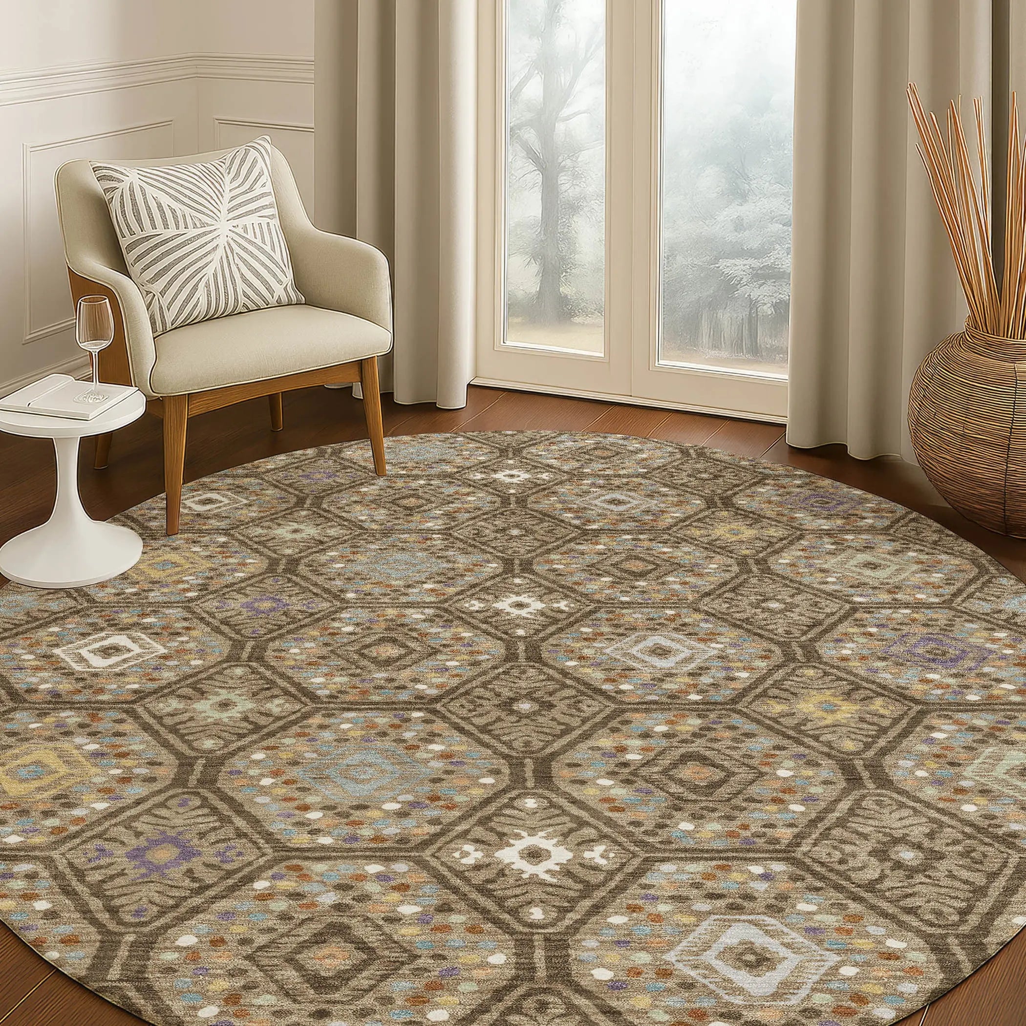 8' Brown And Chocolate Round Geometric Washable Indoor Outdoor Area Rug Homeroots Outdoor