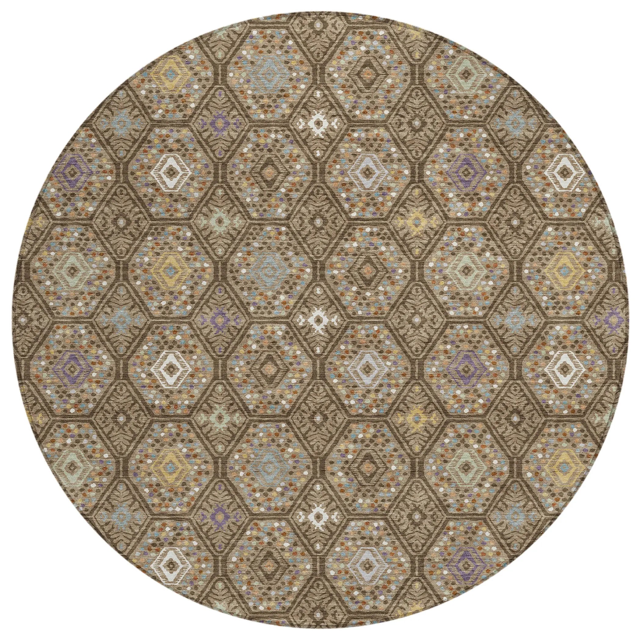 8' Brown And Chocolate Round Geometric Washable Indoor Outdoor Area Rug Homeroots Outdoor