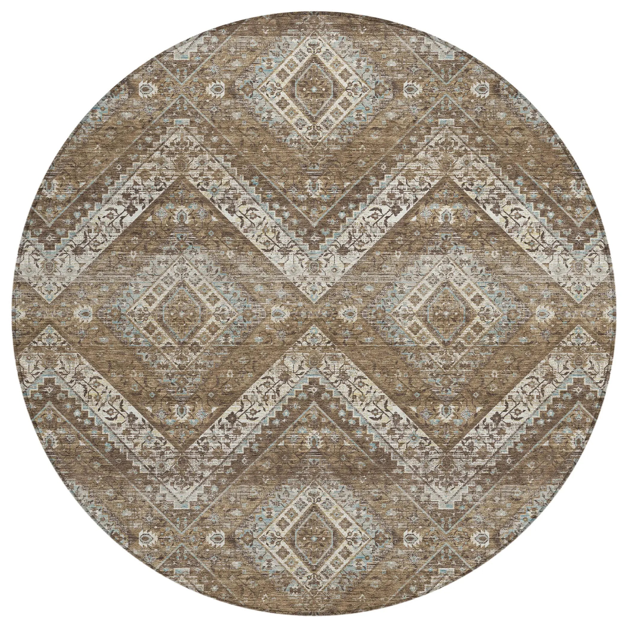 8' Brown And Chocolate Round Tribal Washable Indoor Outdoor Area Rug Homeroots Outdoor