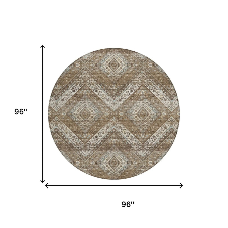 8' Brown And Chocolate Round Tribal Washable Indoor Outdoor Area Rug Homeroots Outdoor
