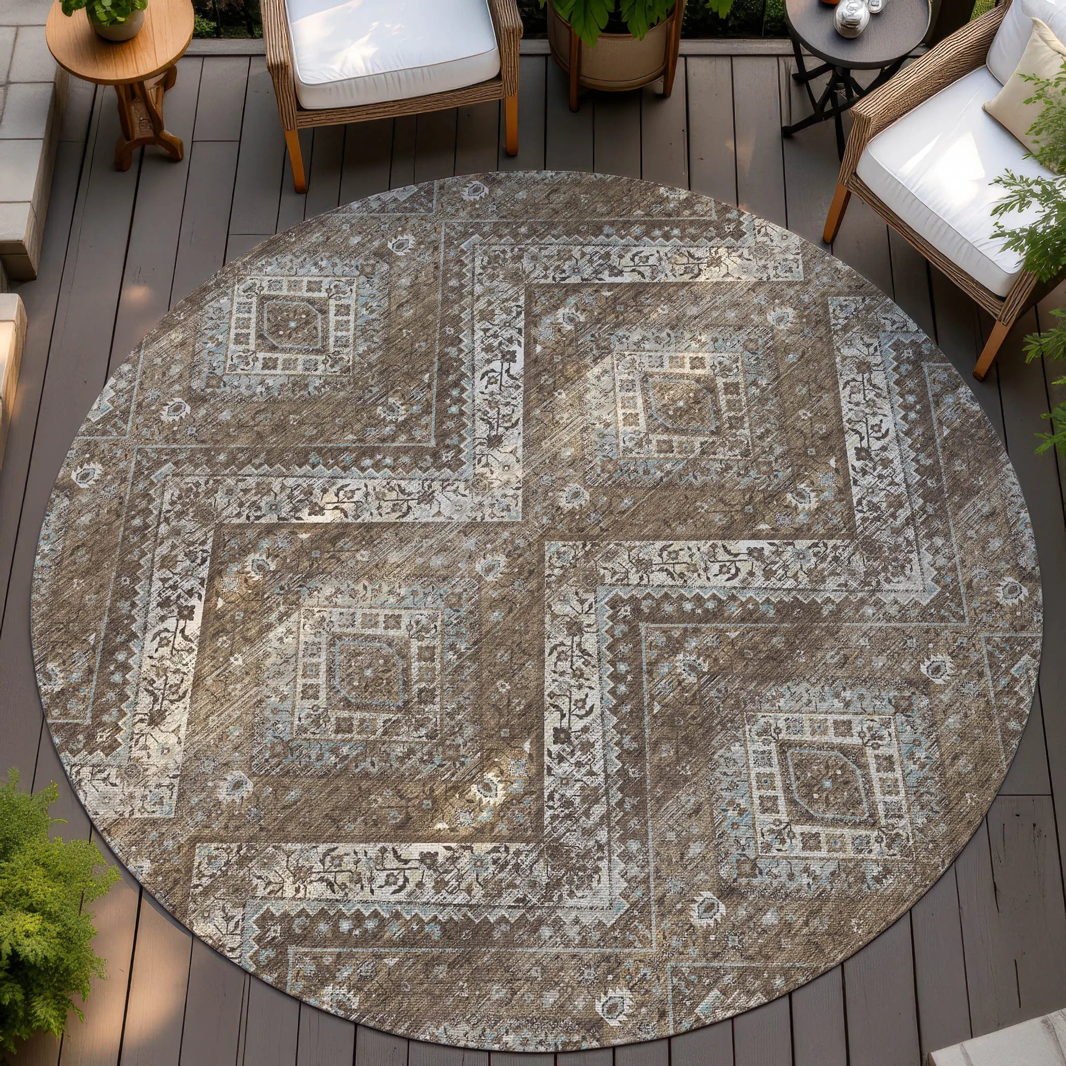 8' Brown And Chocolate Round Tribal Washable Indoor Outdoor Area Rug Homeroots Outdoor