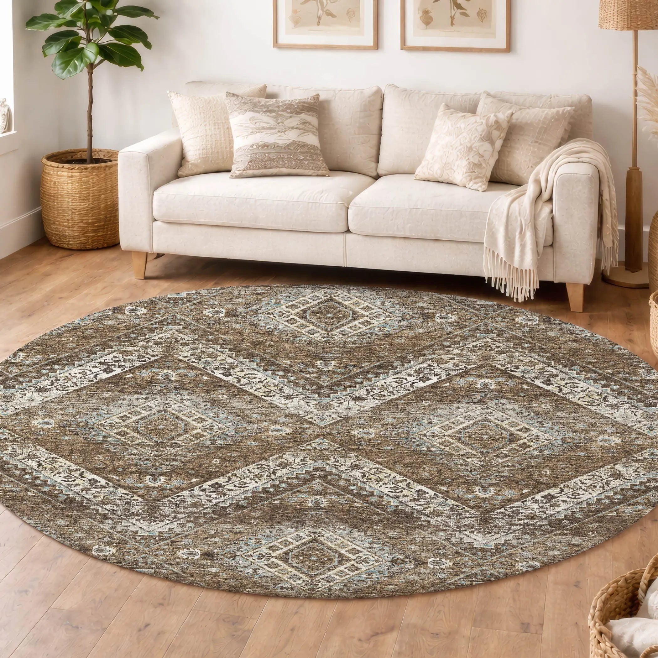 8' Brown And Chocolate Round Tribal Washable Indoor Outdoor Area Rug Homeroots Outdoor