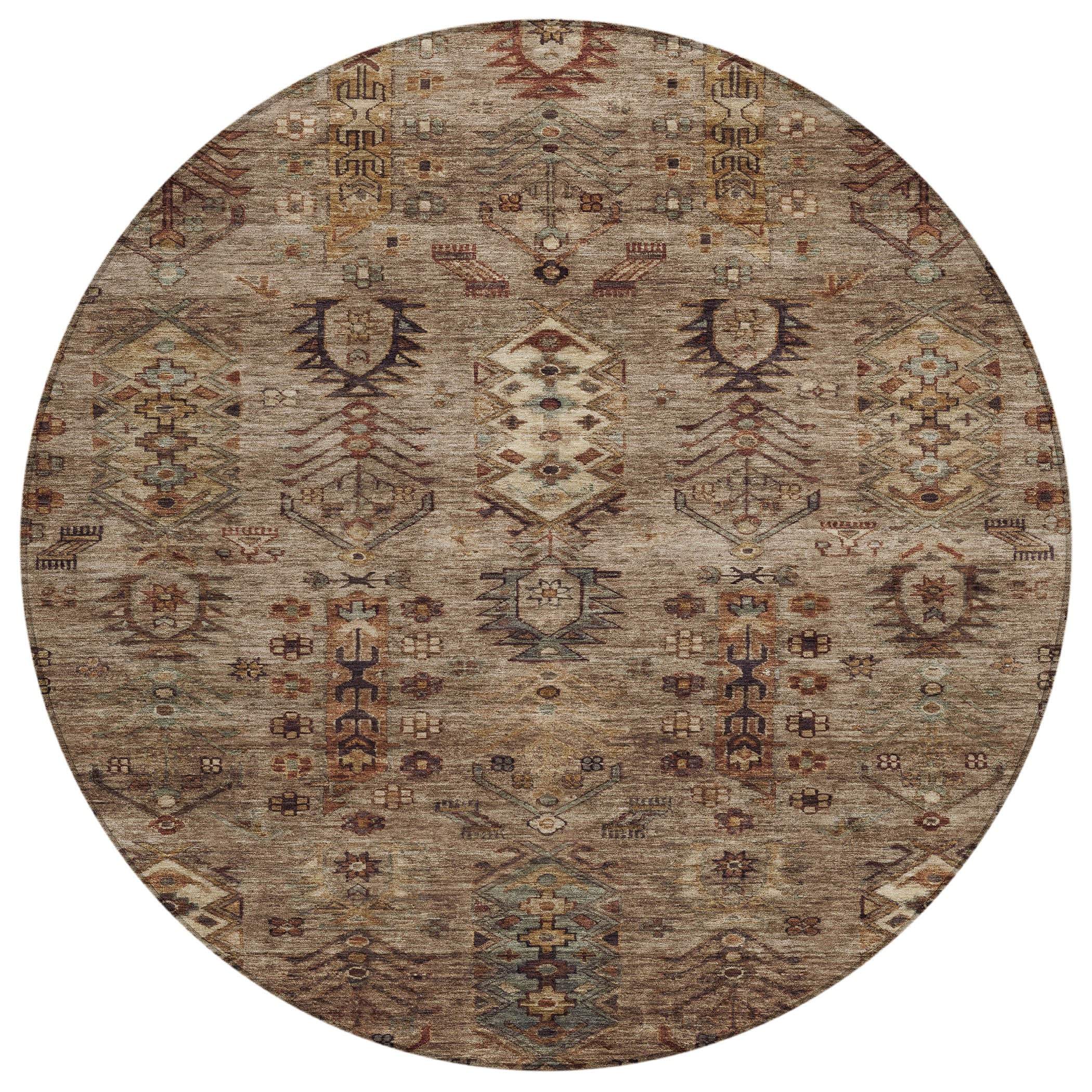 8' Brown And Copper Round Tribal Washable Indoor Outdoor Area Rug - GreatEagleInc