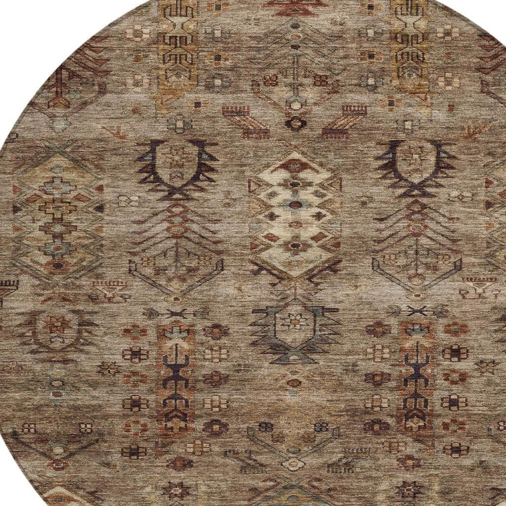 8' Brown And Copper Round Tribal Washable Indoor Outdoor Area Rug - GreatEagleInc