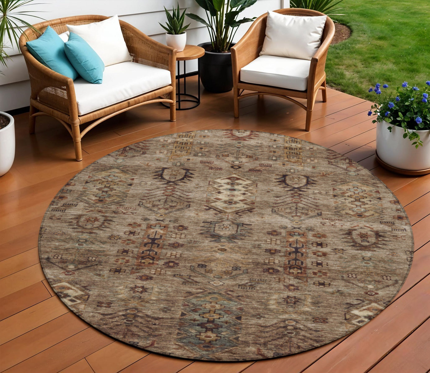 8' Brown And Copper Round Tribal Washable Indoor Outdoor Area Rug - GreatEagleInc