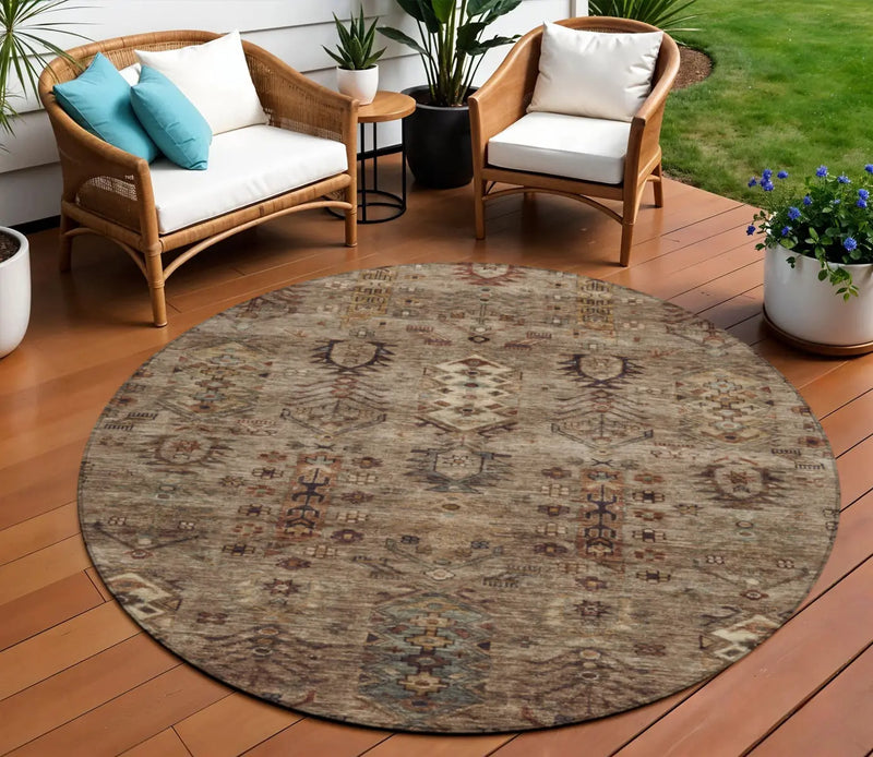 8' Brown And Copper Round Tribal Washable Indoor Outdoor Area Rug - GreatEagleInc