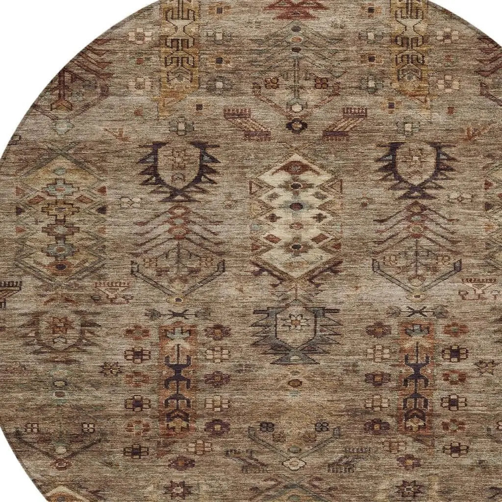 8' Brown And Copper Round Tribal Washable Indoor Outdoor Area Rug - GreatEagleInc