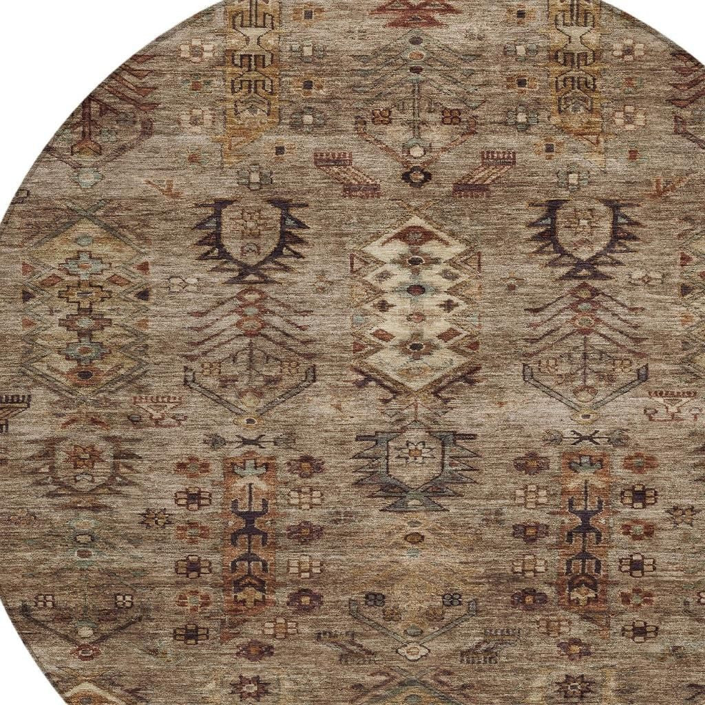 8' Brown And Copper Round Tribal Washable Indoor Outdoor Area Rug - GreatEagleInc