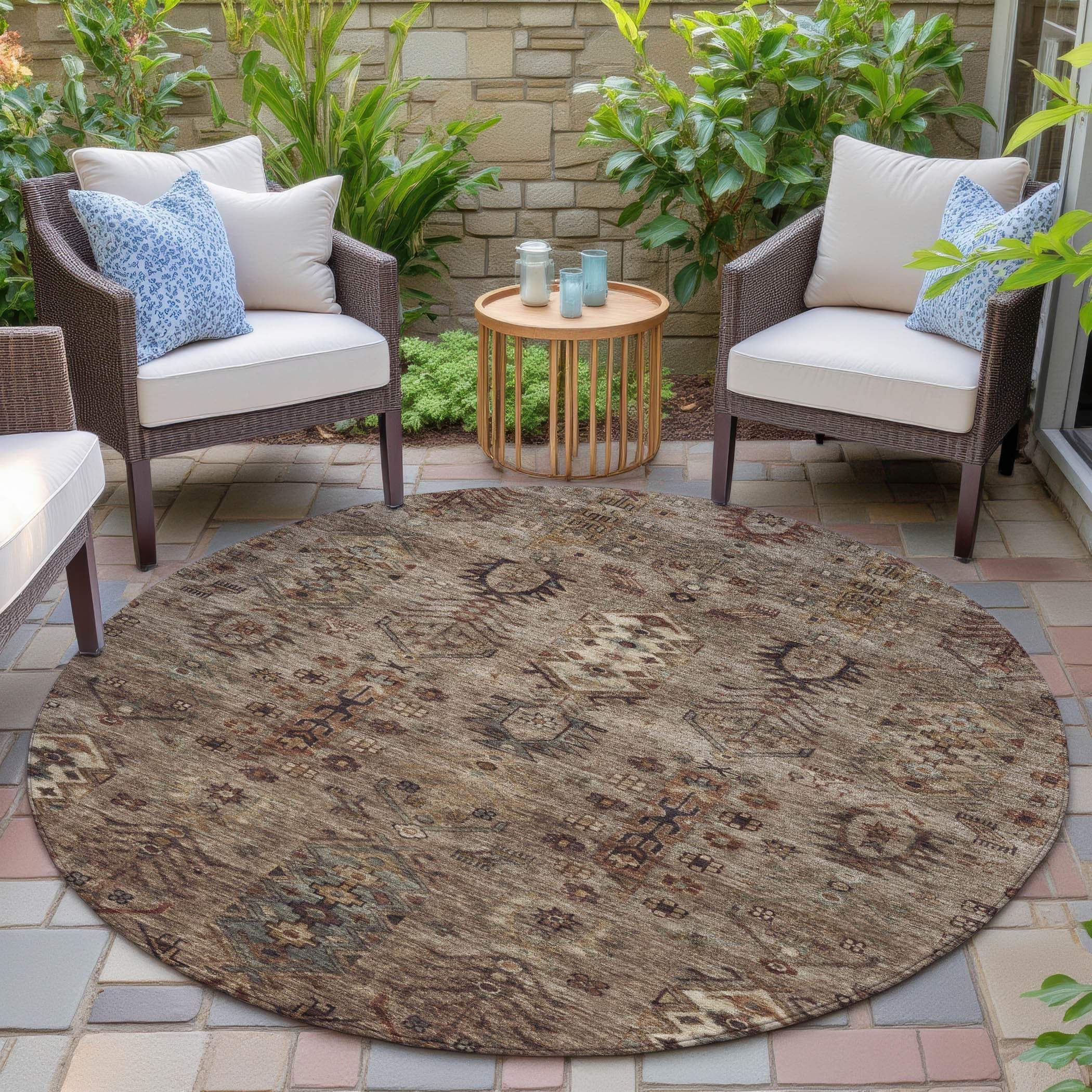 8' Brown And Copper Round Tribal Washable Indoor Outdoor Area Rug - GreatEagleInc
