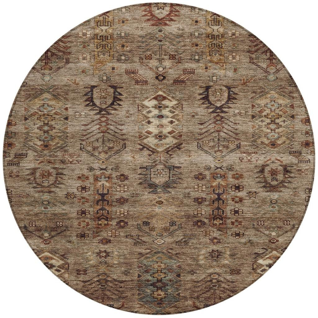 8' Brown And Copper Round Tribal Washable Indoor Outdoor Area Rug - GreatEagleInc