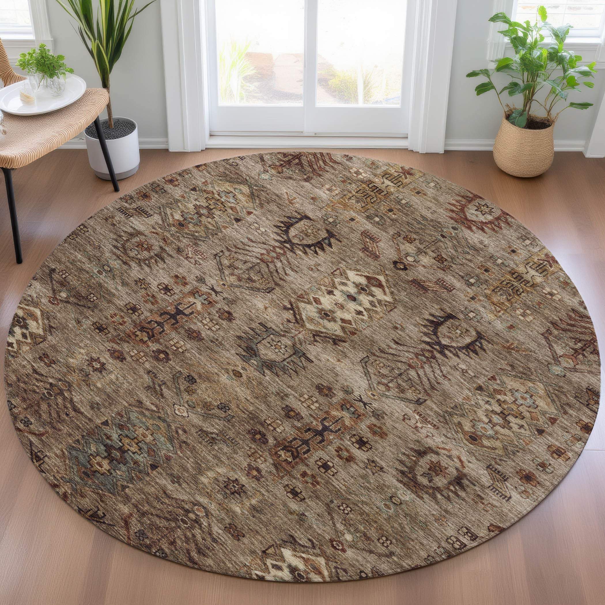 8' Brown And Copper Round Tribal Washable Indoor Outdoor Area Rug - GreatEagleInc