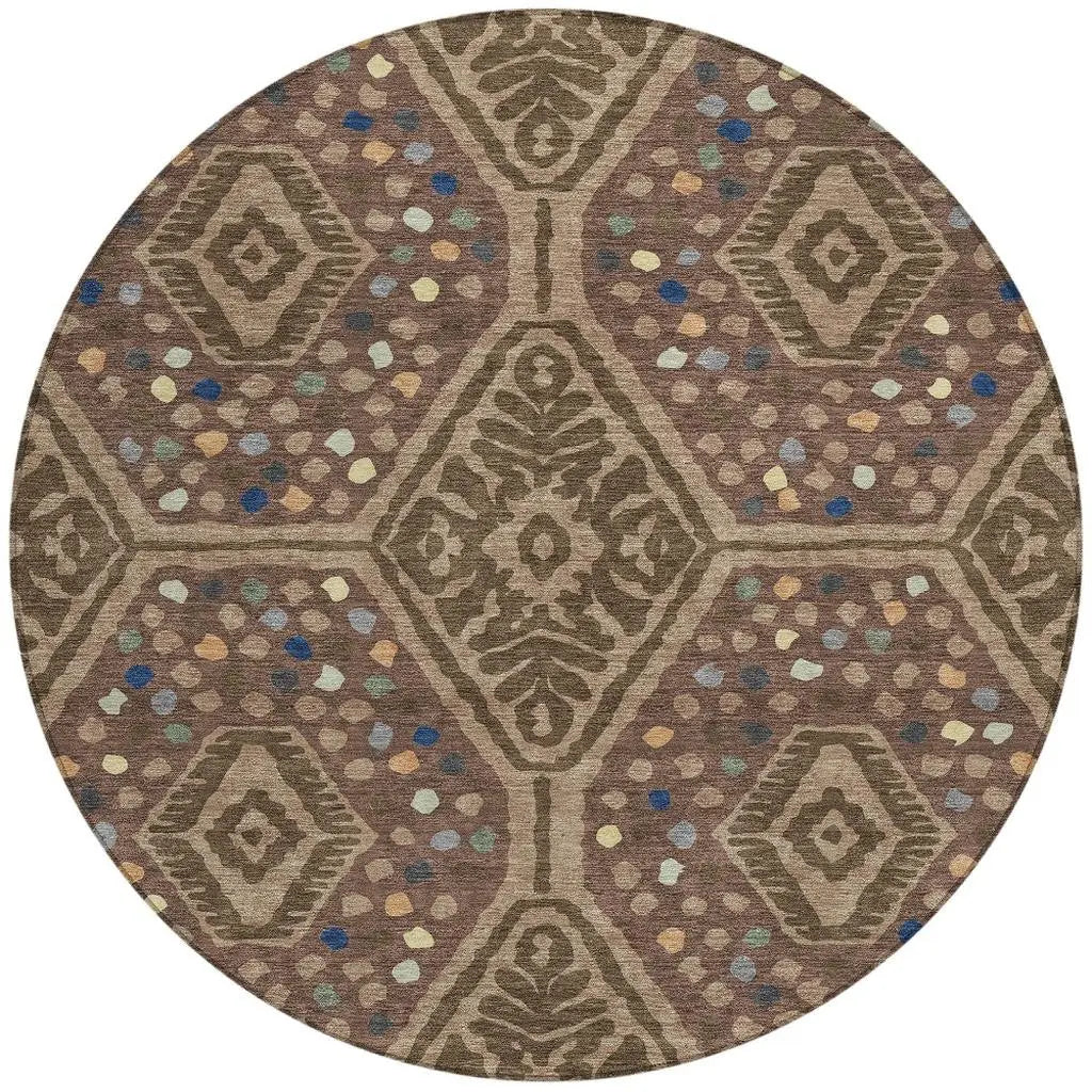 8' Brown And Copper Round Tribal Washable Indoor Outdoor Area Rug Homeroots Outdoor