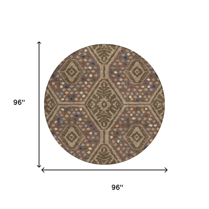 8' Brown And Copper Round Tribal Washable Indoor Outdoor Area Rug Homeroots Outdoor