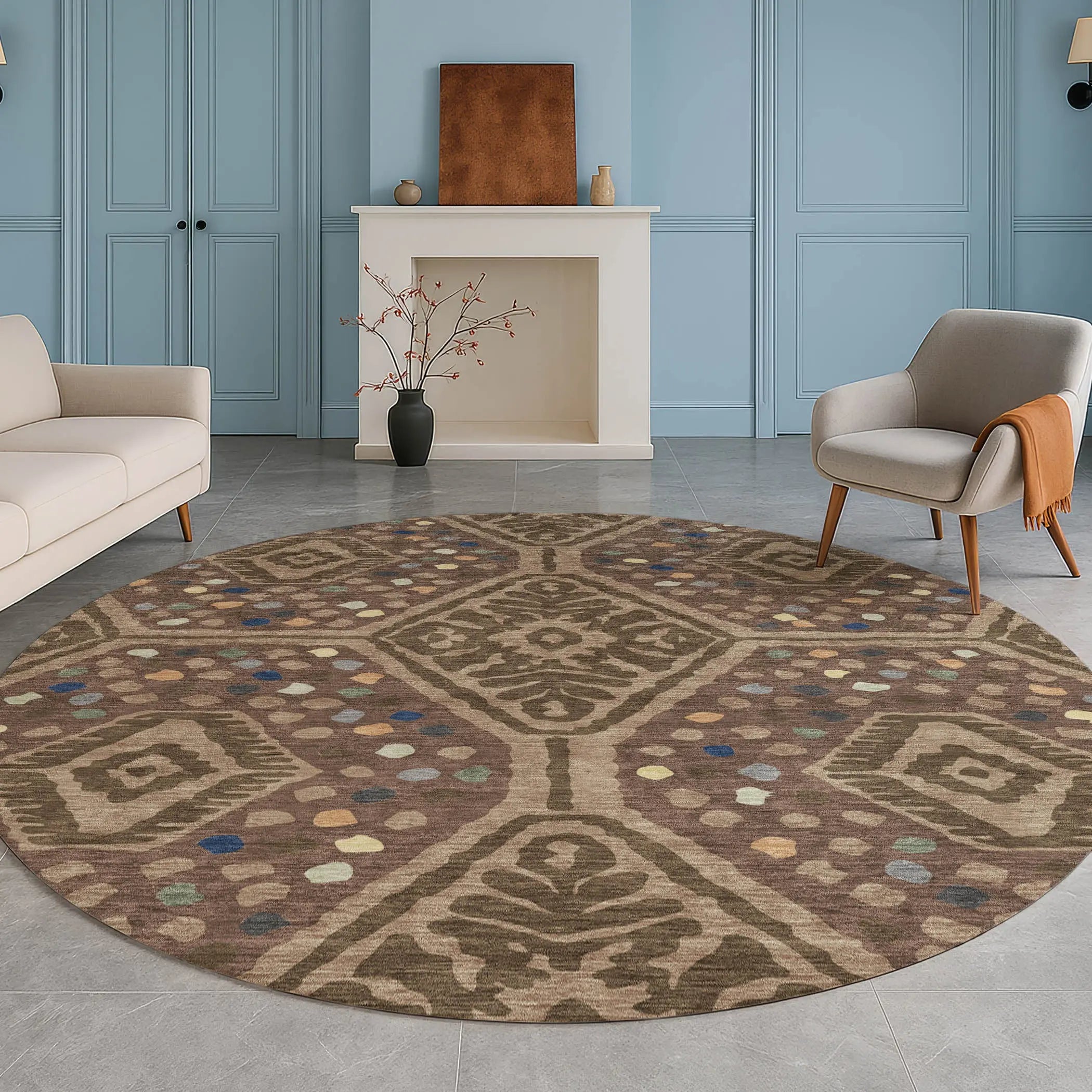 8' Brown And Copper Round Tribal Washable Indoor Outdoor Area Rug Homeroots Outdoor