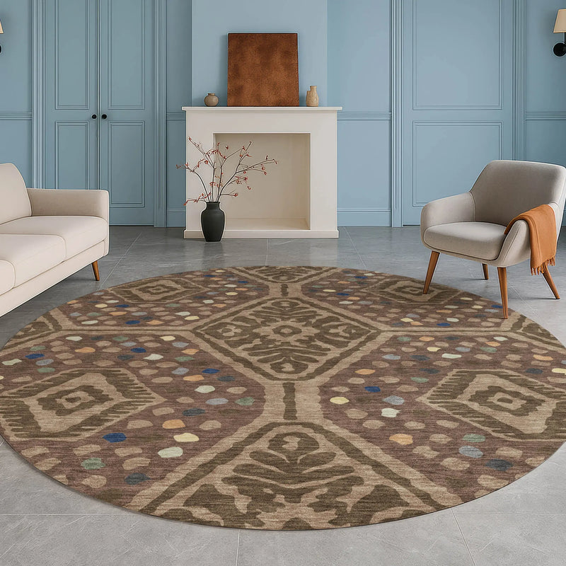 8' Brown And Copper Round Tribal Washable Indoor Outdoor Area Rug Homeroots Outdoor