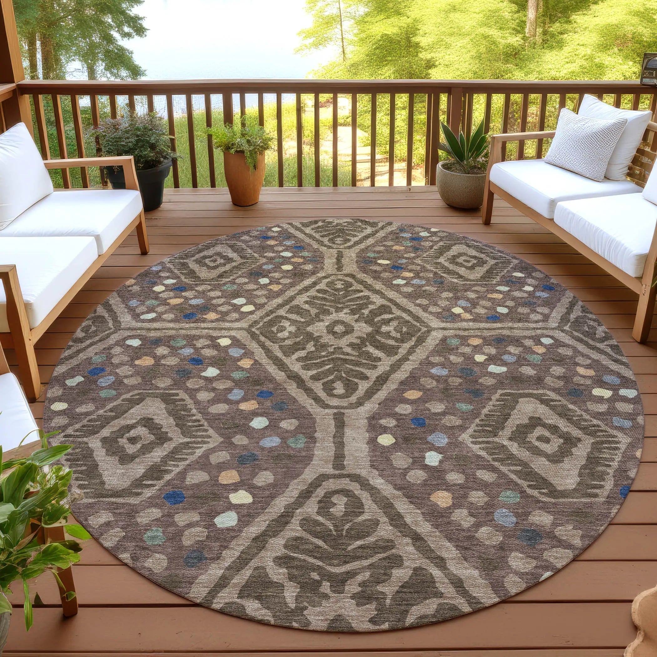 8' Brown And Copper Round Tribal Washable Indoor Outdoor Area Rug Homeroots Outdoor