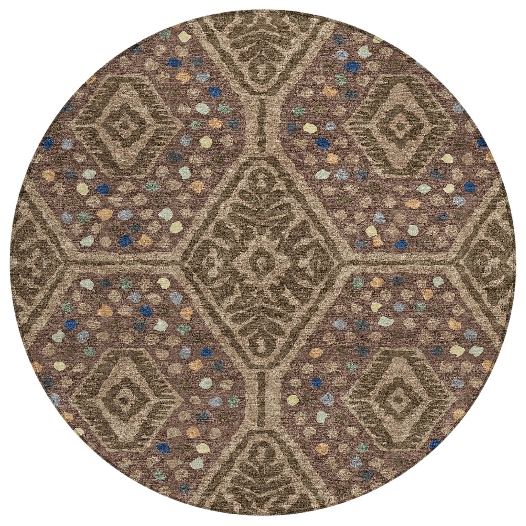 8' Brown And Copper Round Tribal Washable Indoor Outdoor Area Rug Homeroots Outdoor