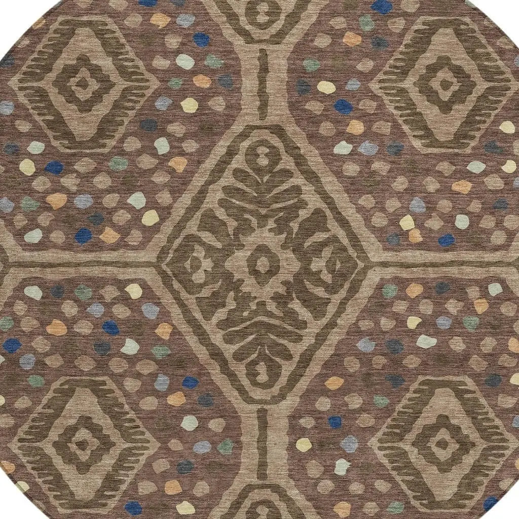 8' Brown And Copper Round Tribal Washable Indoor Outdoor Area Rug Homeroots Outdoor