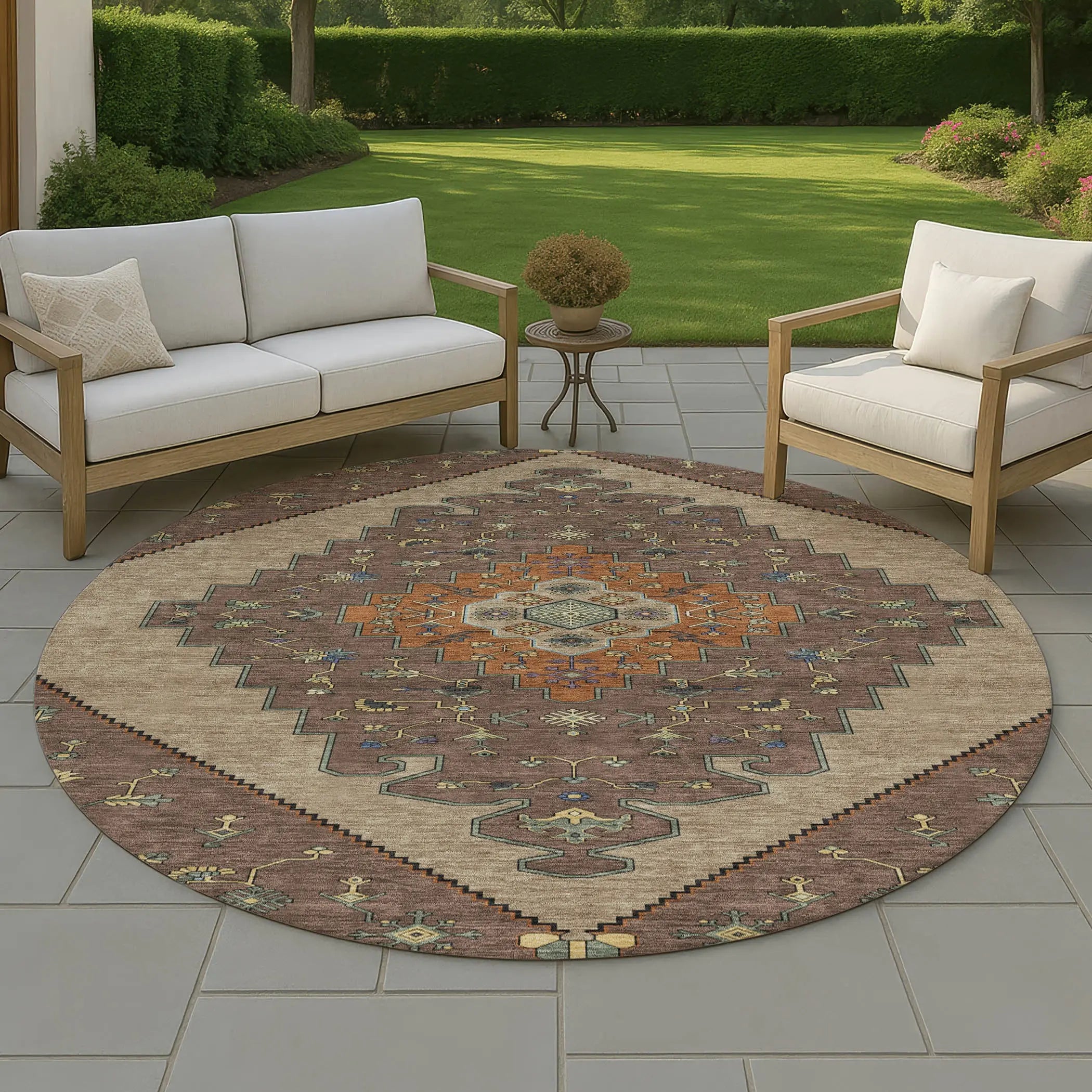 8' Brown And Gold Round Geometric Washable Indoor Outdoor Area Rug Homeroots Outdoor