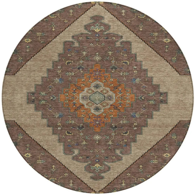 8' Brown And Gold Round Geometric Washable Indoor Outdoor Area Rug Homeroots Outdoor