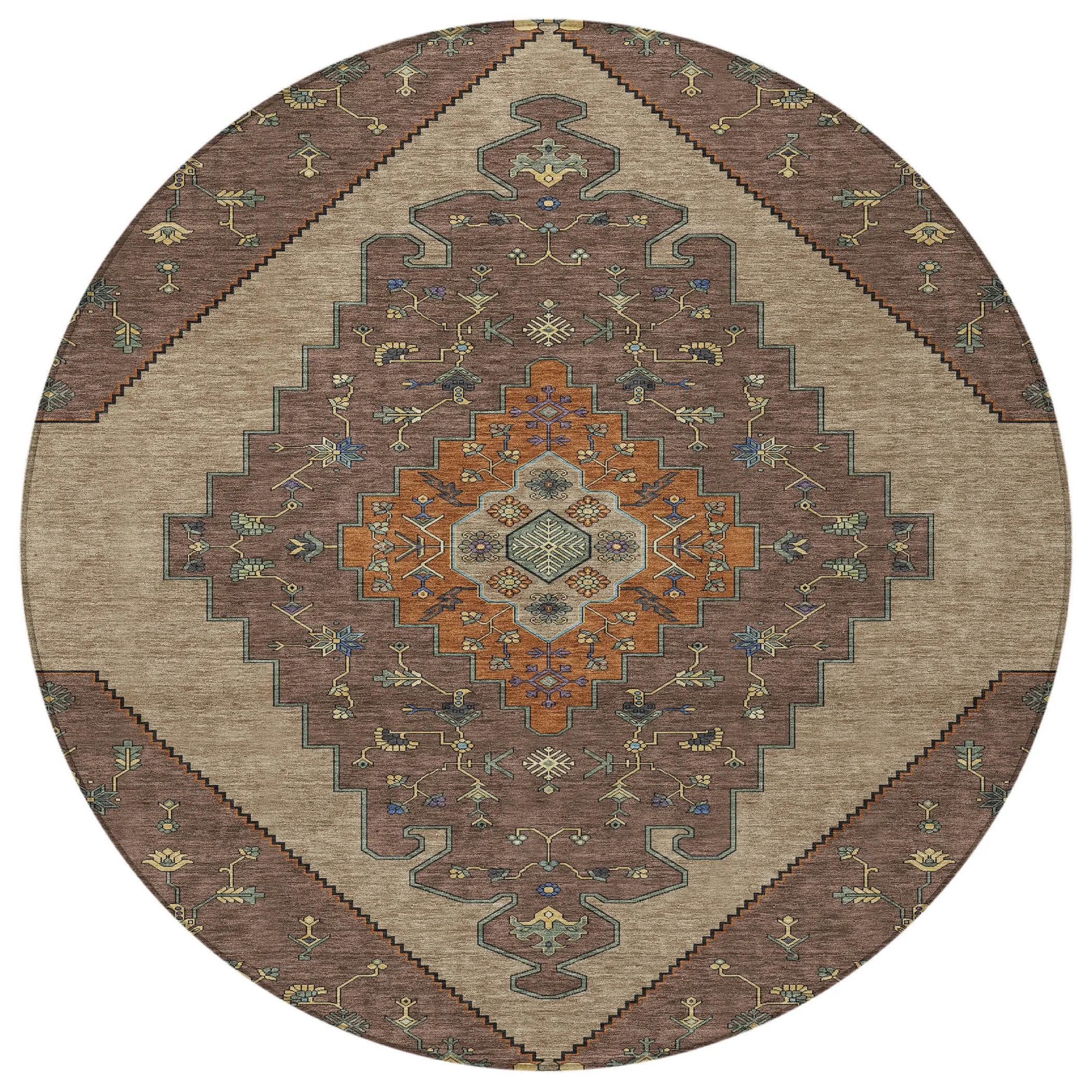 8' Brown And Gold Round Geometric Washable Indoor Outdoor Area Rug Homeroots Outdoor
