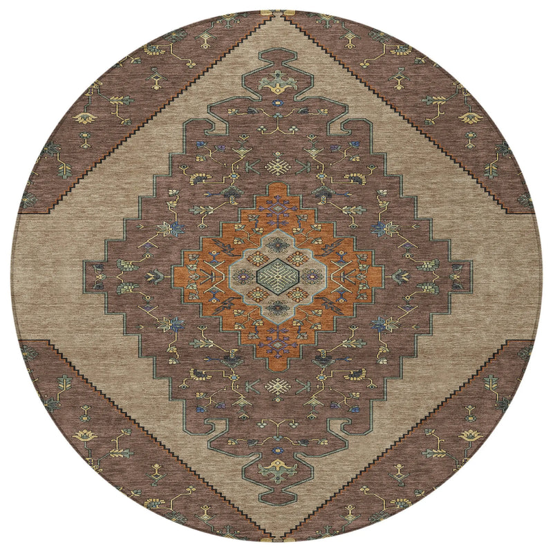8' Brown And Gold Round Geometric Washable Indoor Outdoor Area Rug Homeroots Outdoor