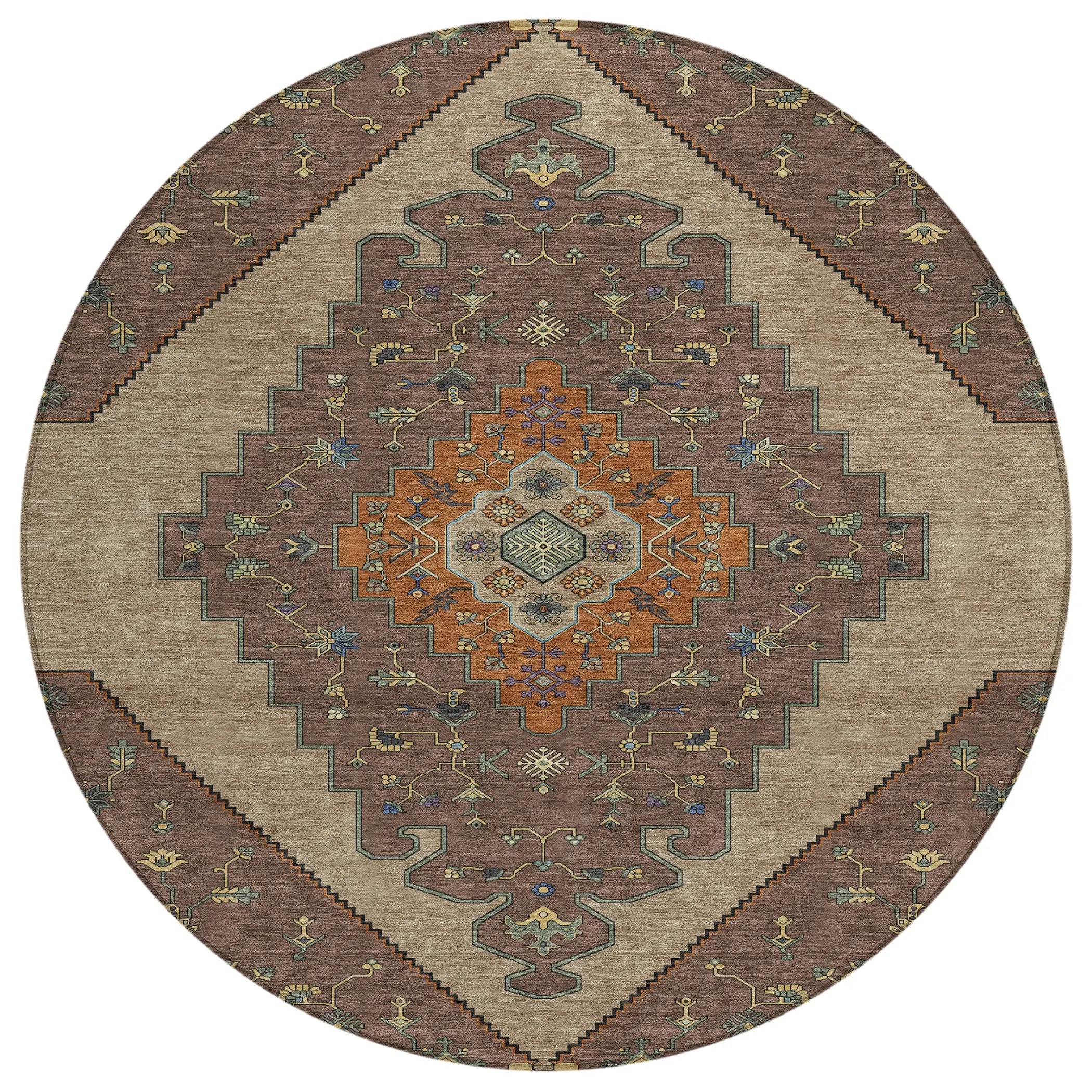 8' Brown And Gold Round Geometric Washable Indoor Outdoor Area Rug Homeroots Outdoor