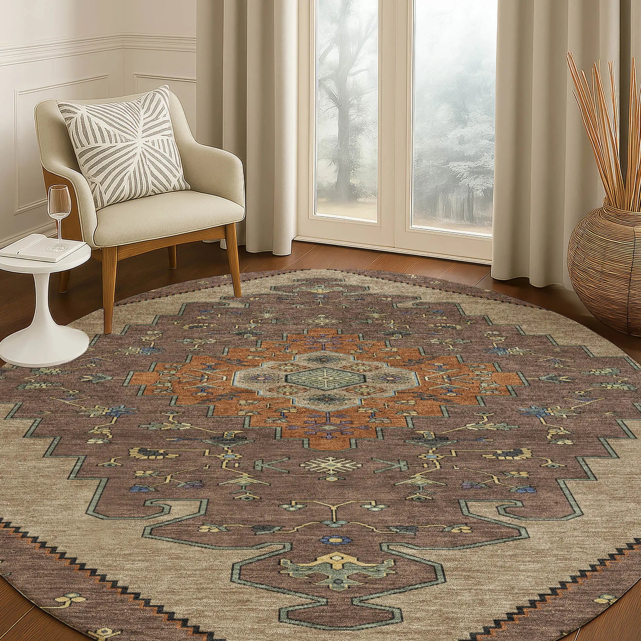 8' Brown And Gold Round Geometric Washable Indoor Outdoor Area Rug Homeroots Outdoor