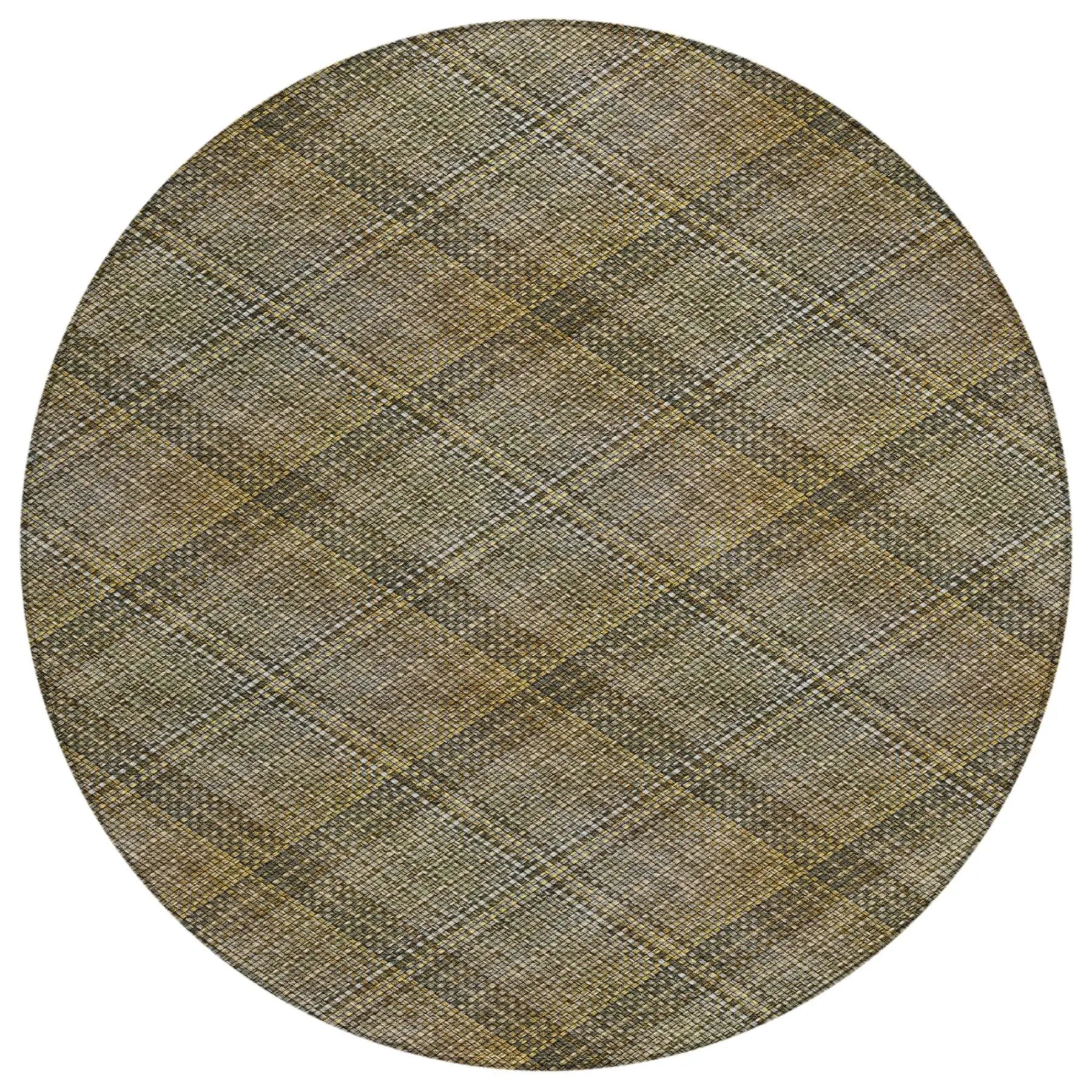 8' Brown And Gold Round Plaid Washable Indoor Outdoor Area Rug Homeroots Outdoor