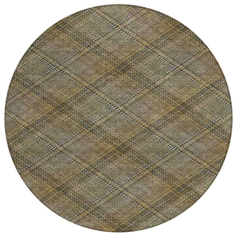 8' Brown And Gold Round Plaid Washable Indoor Outdoor Area Rug Homeroots Outdoor