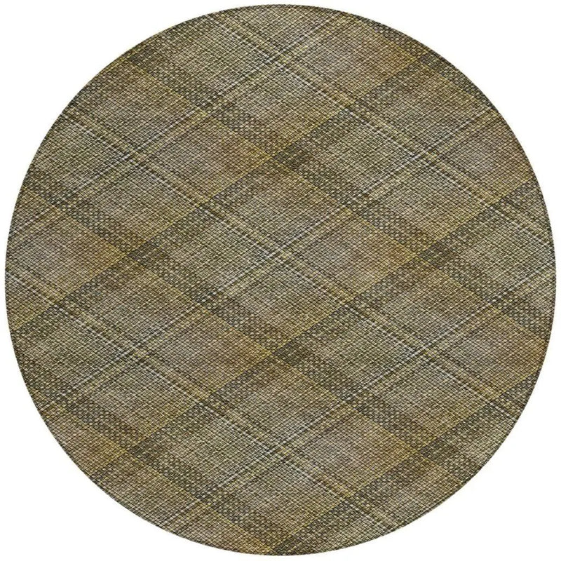 8' Brown And Gold Round Plaid Washable Indoor Outdoor Area Rug Homeroots Outdoor