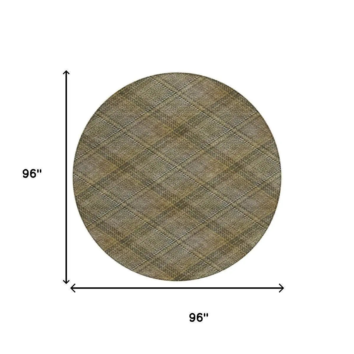 8' Brown And Gold Round Plaid Washable Indoor Outdoor Area Rug Homeroots Outdoor