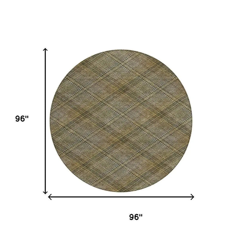 8' Brown And Gold Round Plaid Washable Indoor Outdoor Area Rug Homeroots Outdoor