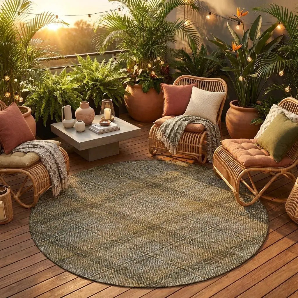 8' Brown And Gold Round Plaid Washable Indoor Outdoor Area Rug Homeroots Outdoor