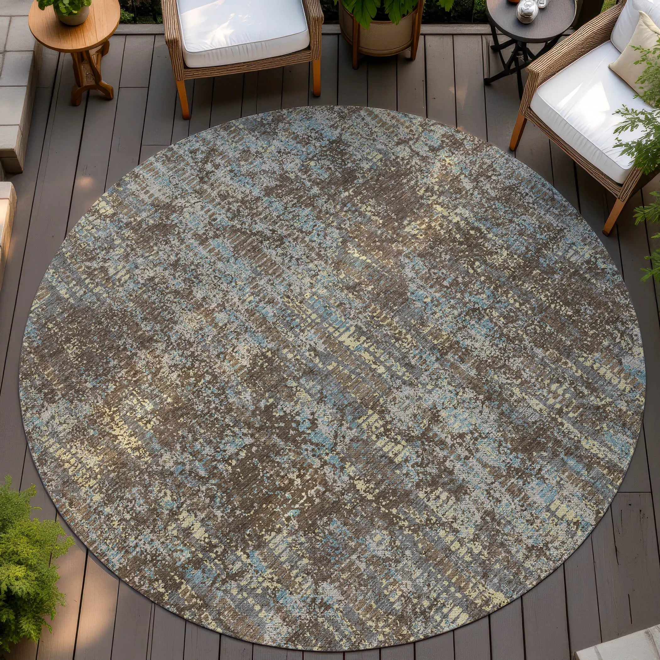 8' Brown And Graphite Round Abstract Washable Indoor Outdoor Area Rug Homeroots Outdoor