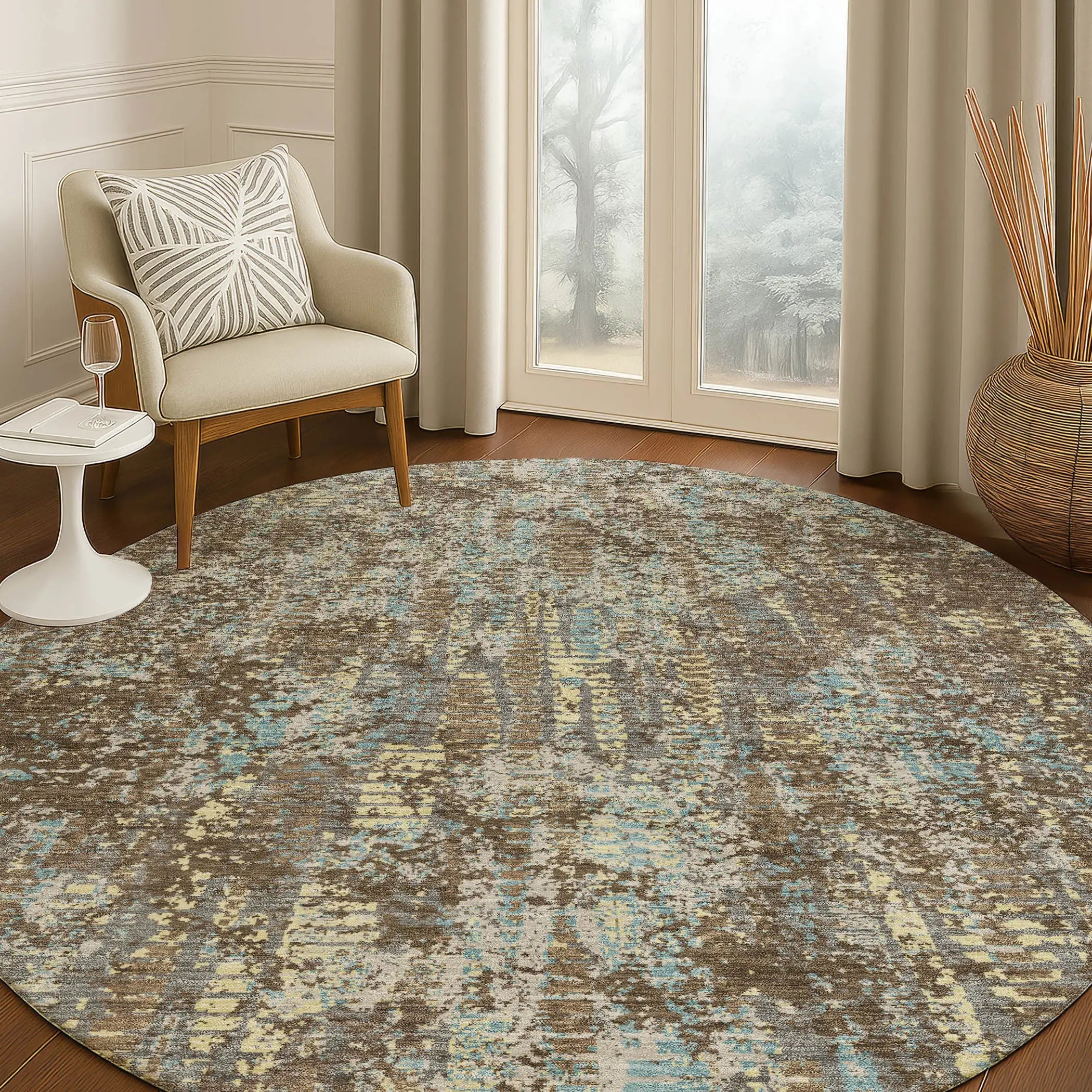 8' Brown And Graphite Round Abstract Washable Indoor Outdoor Area Rug Homeroots Outdoor