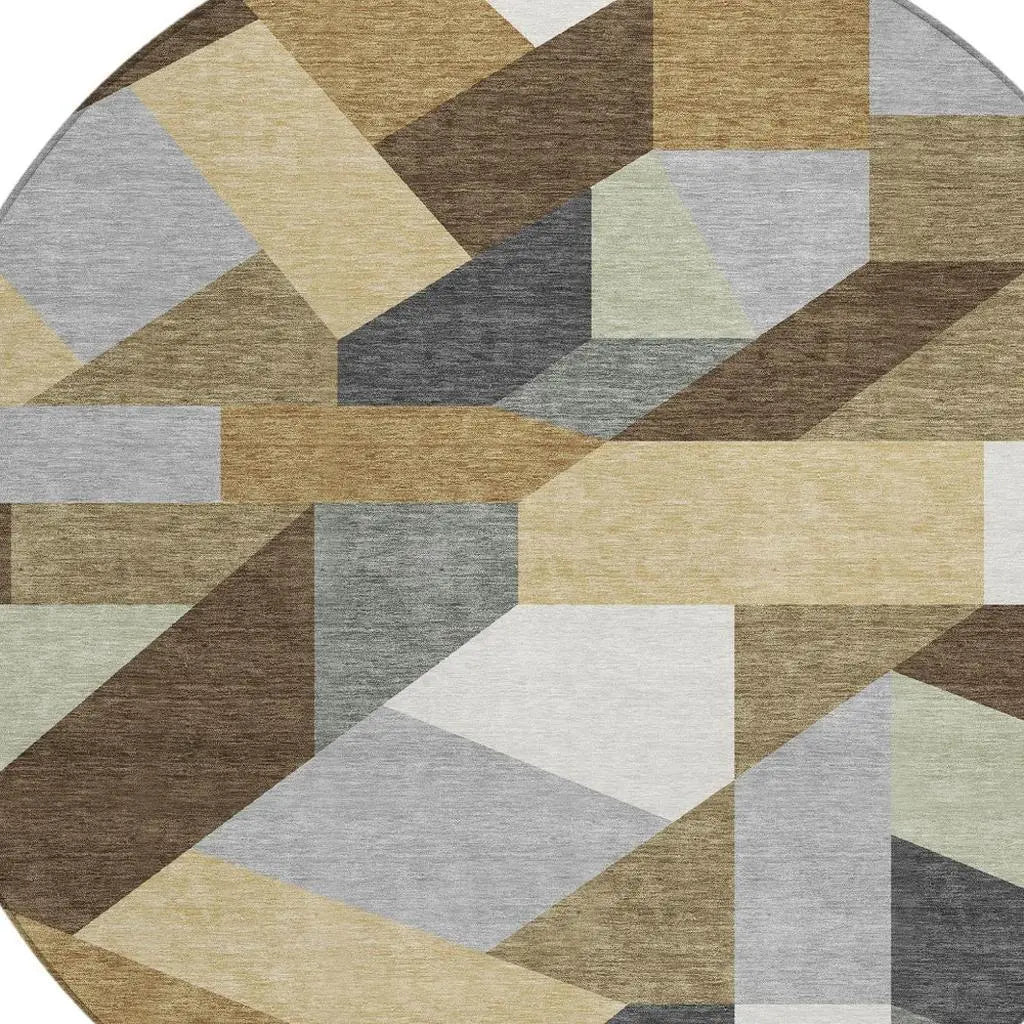 8' Brown And Graphite Round Geometric Washable Indoor Outdoor Area Rug Homeroots Outdoor