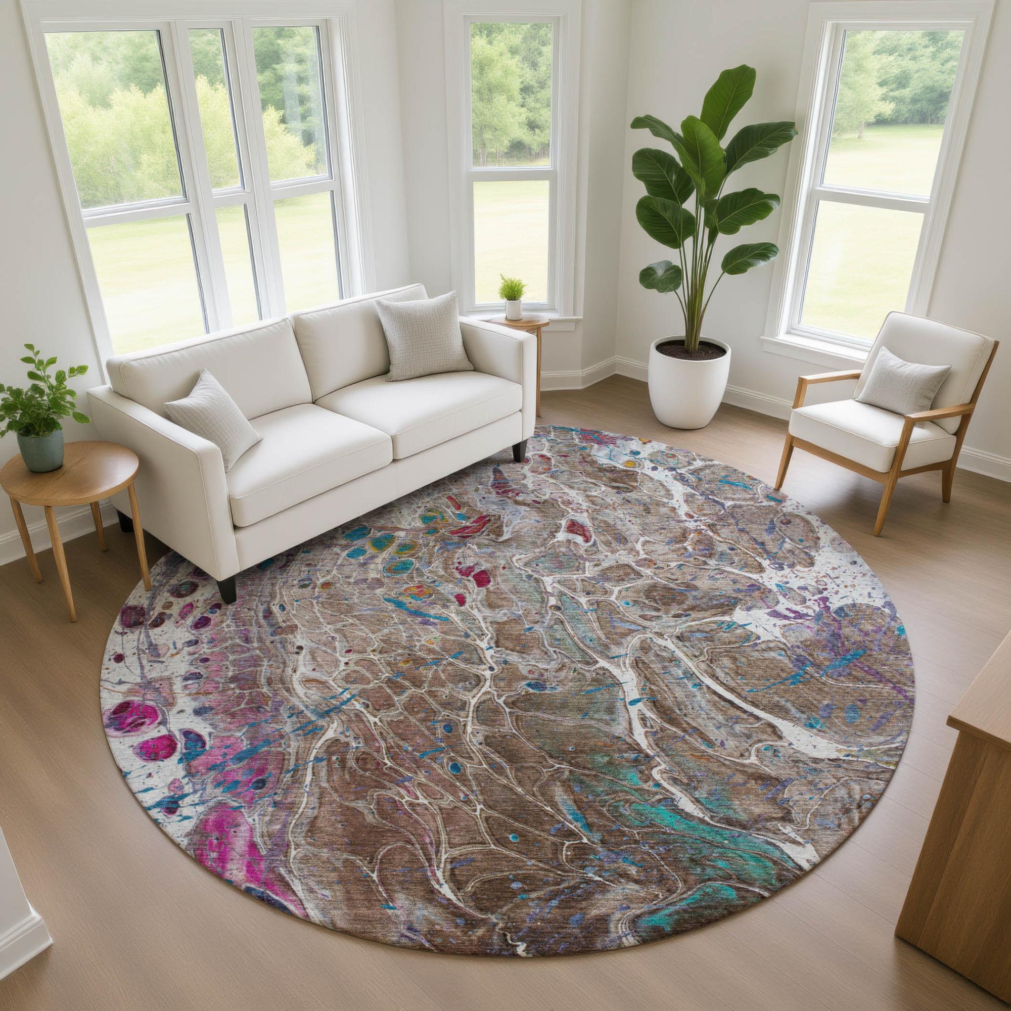 8' Brown And Gray Round Abstract Washable Indoor Outdoor Area Rug Homeroots Outdoor